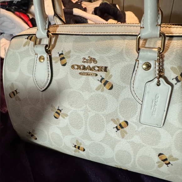 COACH Rowan White Gold Logo Bee Satchel Leather Canvas Crossbody Bag CH516 - Picture 5 of 11